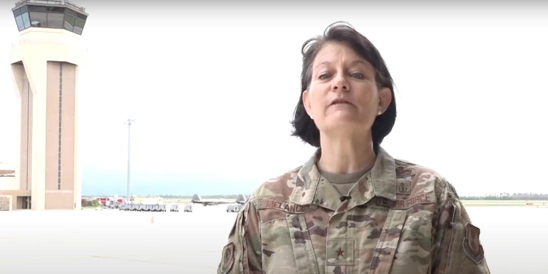 Gen. Patrice A. Melançon (USAF), executive director, Tyndall Air Force Base Reconstruction Program Management Office, U.S. Air Force, speaking at the AFWERX Fusion2020 event last week, highlights the steps the service is taking to rebuild the base. Credit: AFWERX