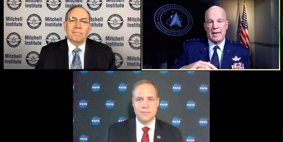 U.S. Space Force Chief of Space Operations Gen. John “Jay” Raymond and NASA Administrator Jim Bridenstine announce a new memorandum of understanding between the two organizations during a virtual event hosted by the Mitchell Institute.