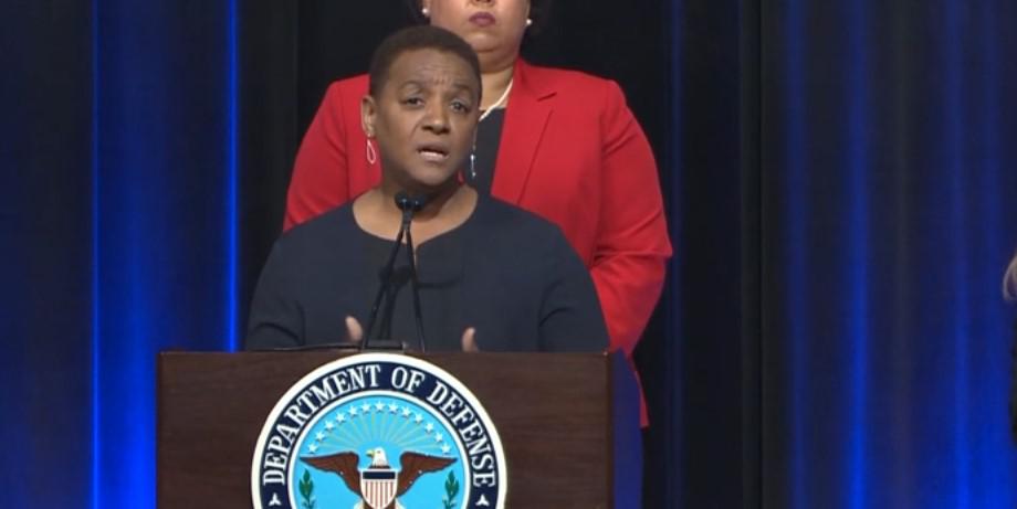 Essye Miller, principal deputy, DOD CIO, speaks at a town hall on the response to COVID-19. Credit: Screenshot of DVIDS video