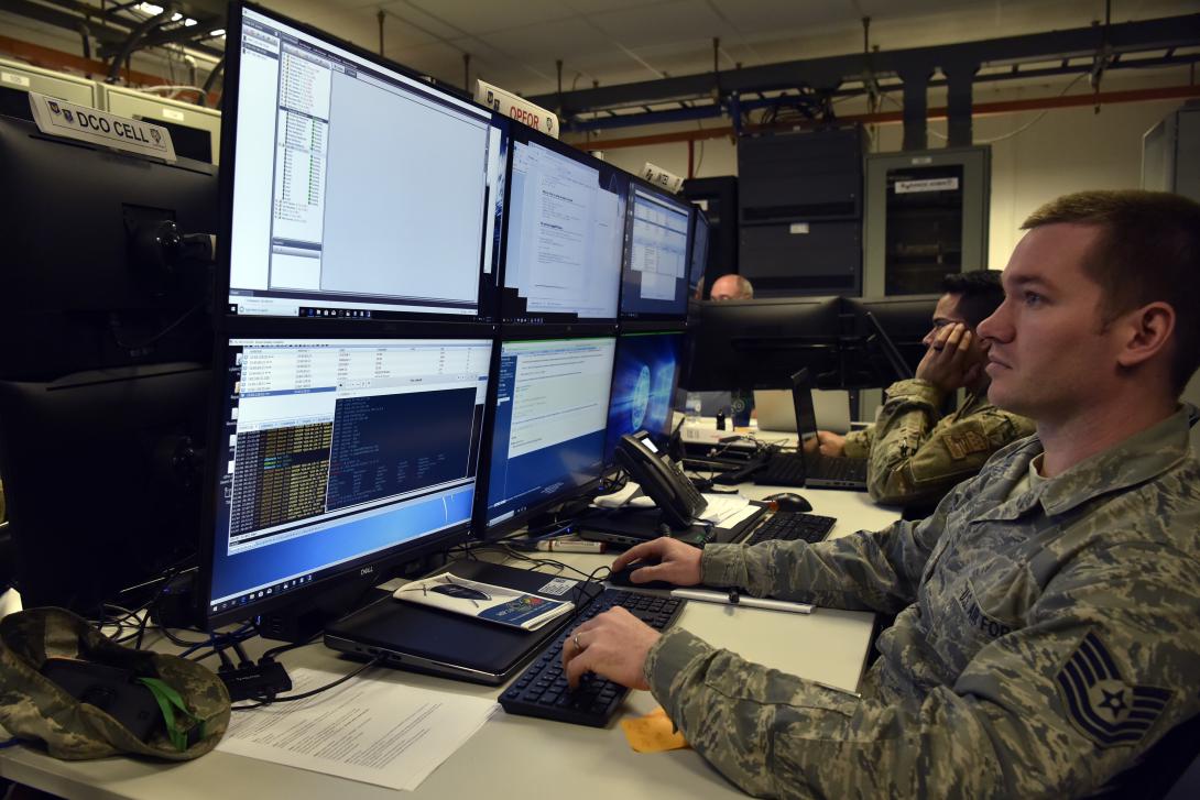 Tech. Sgt. Noe Kaur, USAF, cyber defense supervisor, 1st Combat Communications Squadron, uses advanced techniques to launch cyber attacks to the training audience as part of exercise Tacet Venari. The two-week exercise focused on defensive cyber operations for airmen from across the command. Credit: U.S. Air Force photo by Master Sgt. Renae Pittman