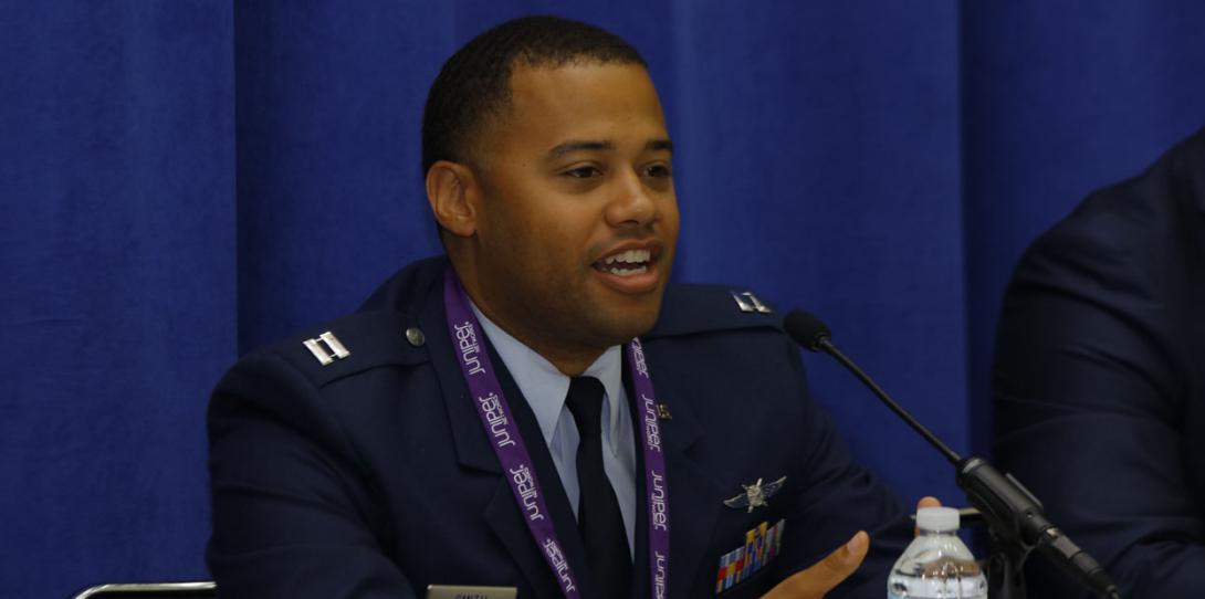 Capt. Justin Smith, USAF, cyber warfare planner, 315th Cyberspace Operations Squadron, particiates in a STEM panel at DCOS.