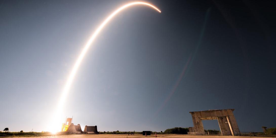 A Falcon 9 rocket launches on January 6, 2020, at Cape Canaveral, Florida. The rocket, carrying an installment of Starlink satellites, was the first official launch of the U.S. States Space Force. In its second budget request to Congress, the service is seeking $24.5 billion to ensure space resiliency and dominance for the U.S. military. Credit: Air Force Airman 1st Class Zoe Thacker