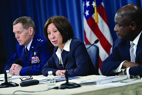 From left, Maj. Gen. Robert Wheeler, USAF, deputy CIO for C4 and information infrastructure capabilities, Defense Department former CIO Teri Takai, and Fred Moorefield, the director of spectrum, policy and programs for the department's Office of the CIO, brief media on the department's release of its electromagnetic spectrum strategy.