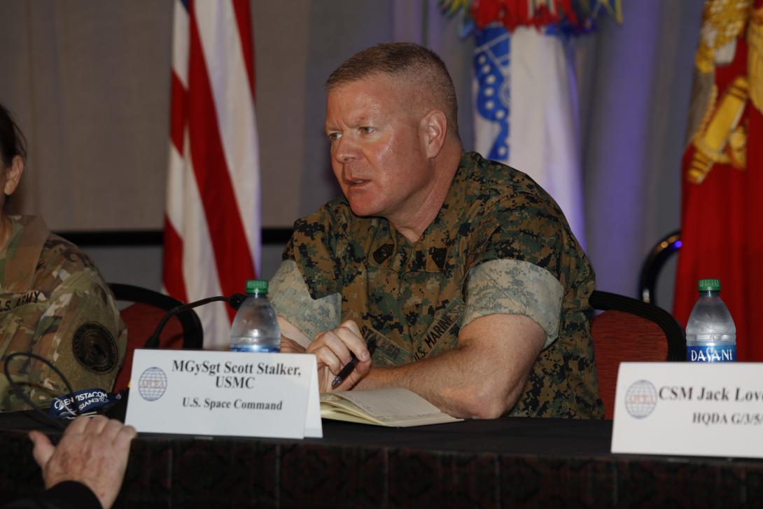 MGySgt. Scott Stalker, USMC, discusses partnerships and cyber on a panel at TechNet Augusta 2021. Photo by Michael Carpenter