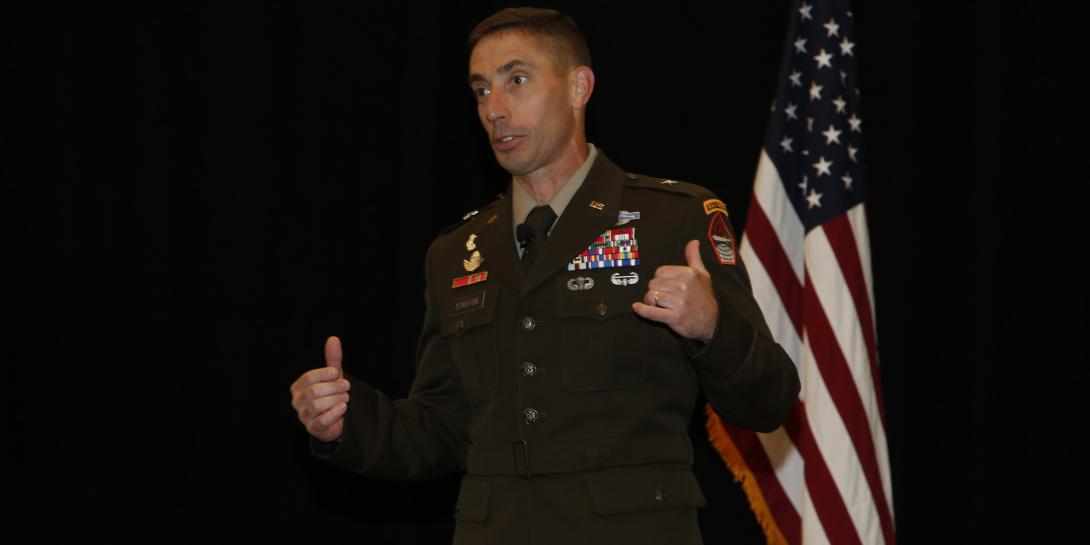 Brig. Gen. Paul Stanton, commander, U.S. Army Cyber Center of Excellence, speaks at CERTS 2022. Photo by Michael Carpenter