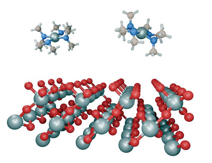 Atomic layer deposition chemical vapors impinge on atomic-scale titanium dioxide thin film. Credit: Michael Flickinger