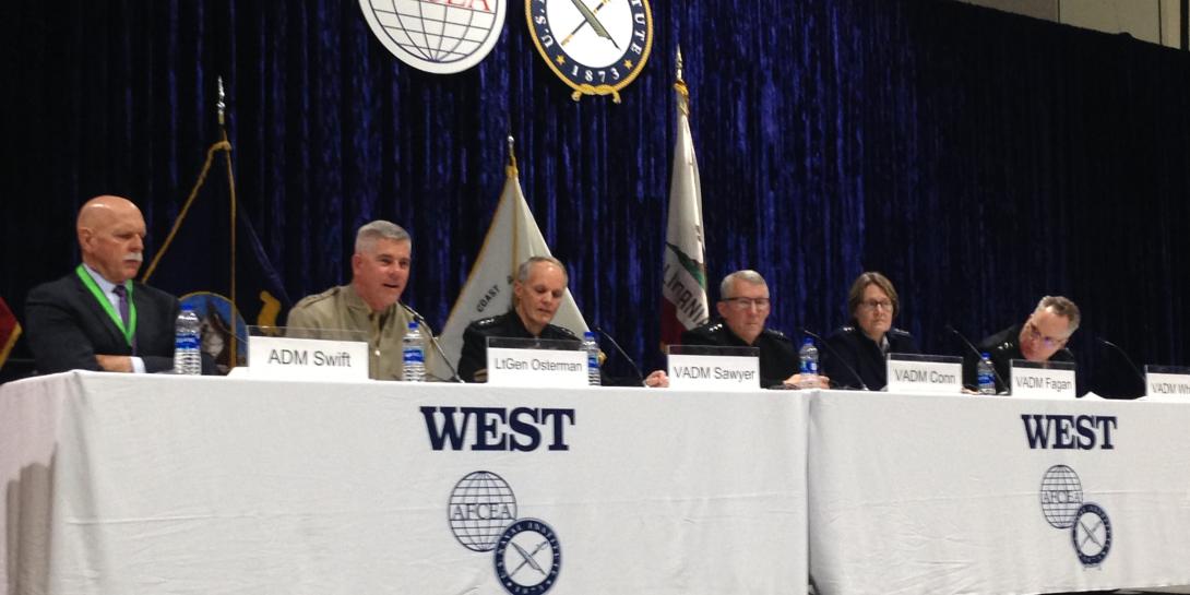 U.S. Navy, Marine Corps and Coast Guard officers speak during a panel at WEST 2020.