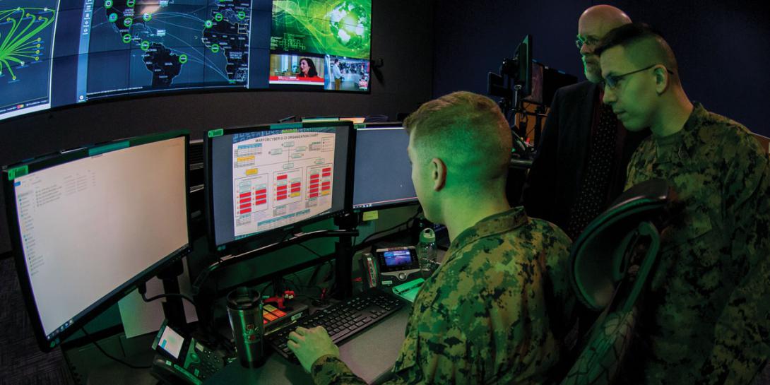 Marines with Marine Corps Forces Cyberspace Command work in the cyber operations center at Lasswell Hall, Fort Meade, Maryland. MARFORCYBER Marines conduct offensive and defensive cyber operations in support of U.S. Cyber Command and operate, secure and defend the Marine Corps Enterprise Network. Credit: Staff Sgt. Jacob Osborne, USMC