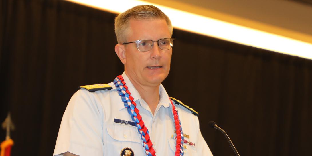 Rear Adm. Peter W. Gautier, USCG, deputy commander, U.S. Coast Guard Pacific Area, discusses the roles the Coast Guard has taken on in the Indo-Pacific region. Credit: Dave Livingston photo