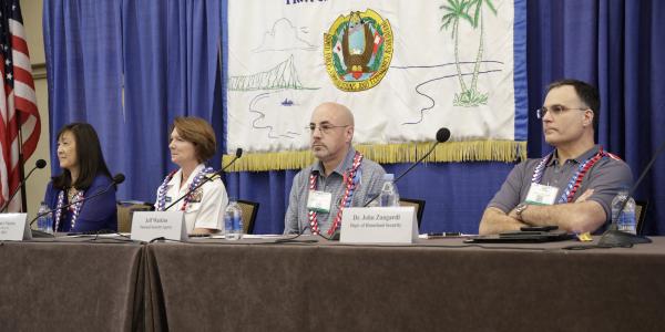 Speakers at a TechNet Asia-Pacific 2018 panel on achieving cyber resilience in the Indo-Pacific region are (l-r) Jodi Ito, ISO, University of Hawaii; Vice Adm. Nancy Norton, USN, director, DISA and commander, JFHQ DODIN; Jeff Watkins, Commercial Solutions for Classified, NSA; and John Zangardi, CIO, DHS. Credit: Bob Goodwin Photography