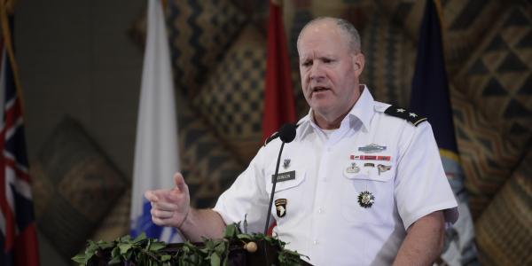 Maj. Gen. John P. Johnson, USA, deputy commanding general, U.S. Army Pacific, describes how the Army is working toward the broader picture of improved international partnerships at TechNet Asia-Pacific 2018 in Honolulu. Credit: Bob Goodwin Photography