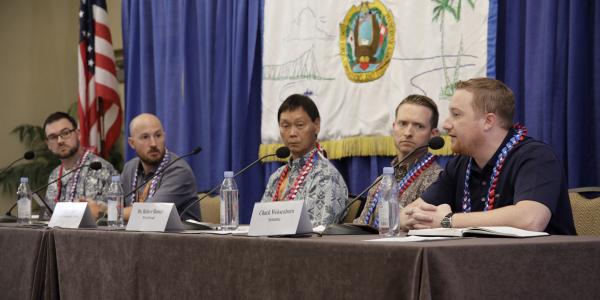 A Young AFCEAN-sponsored panel previewing the future of military data intelligence features (l-r) Brandon Lester, SRC Technologies; Mike Henry, The MITRE Corporation; Vincent Lee, Leeward Community College; Robert J. Runser; NSA Hawaii; and Chuck Weissenborn, Symantec. Credit: Bob Goodwin Photography