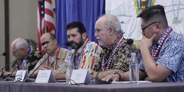 TechNet Asia-Pacific 2018 panelists discussing coalition interoperability are (l-r) Capt. Ron Gumbert, USN (Ret.), Gartner; Capt. Allen Edmiston, USN, U.S. Indo-Pacific Command; Mark Fox, Amazon Web Services; Frank T. Quick, MITRE National Security Sector; and Lt. Col. Van Thai, USAF, DKI APCSS.