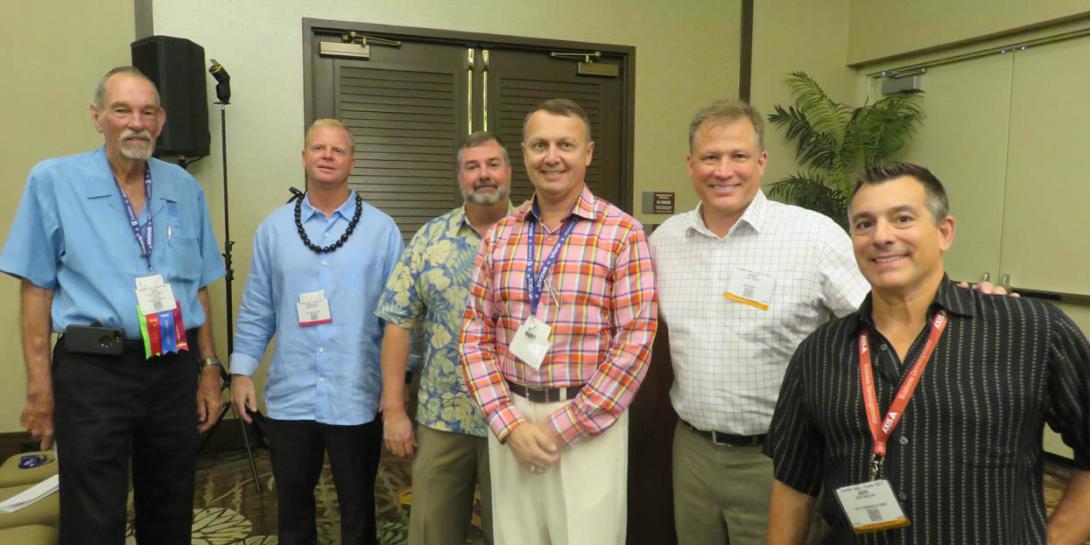 Industry leaders took on the tough topic of cybersecurity and mission assurance at AFCEA TechNet Asia Pacific, l-r: Adm. Richard Macke, USN (Ret.); Douglas Booth, Lockheed Martin; Chris Smith, At&T; Earl Matthews, DXC Technology; Ward Heinke, ForcePoint; and John Merlino, Axis Communications.