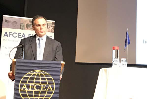 John A. Zangardi, acting U.S. Defense Department chief information officer, speaks at TechNet Europe in Stockholm.