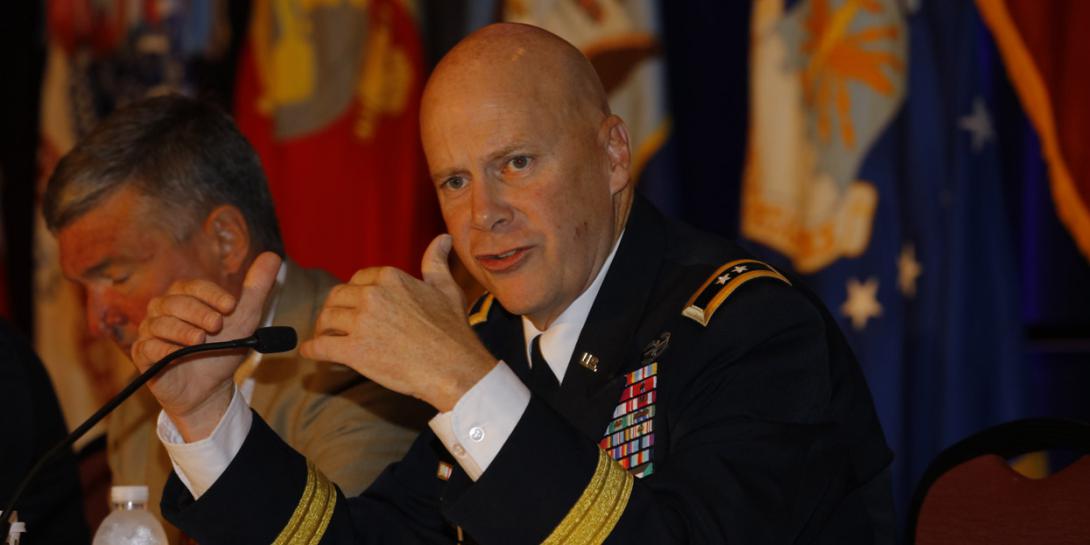Maj. Gen. John Morrison Jr., USA, commanding general of the Army Cyber Center of Excellence, moderates a panel at the AFCEA TechNet Augusta conference. Photo by Michael Carpenter