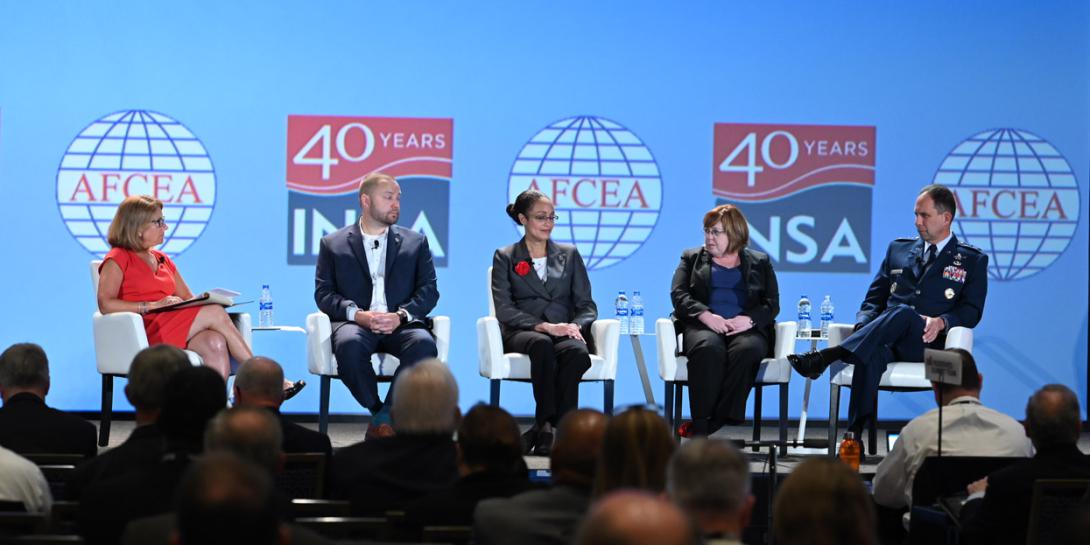 Exploring the need for intelligence in the newly emphasized space domain at the AFCEA/INSA Intelligence & National Security Summit on September 5 are (l-r) panel moderator Letitia Long, chair, INSA; Chris DeMay, founder and CTO, Hawkeye 360;v Stacey Dixon, deputy director, NGA; Tina Harrington, director, SIGINT, NRO; and Maj. Gen. John E. Shaw, deputy commander, Air Force Space Command. Credit: Herman Farrer Photography 