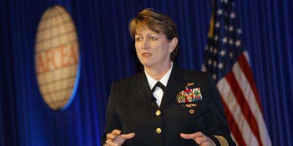 Vice Adm. Jan Tighe, USN, deputy chief of Naval Operations for Information Warfare (N2N6), describes the challenges facing Navy information warfare during her keynote luncheon speech at West 2018.
