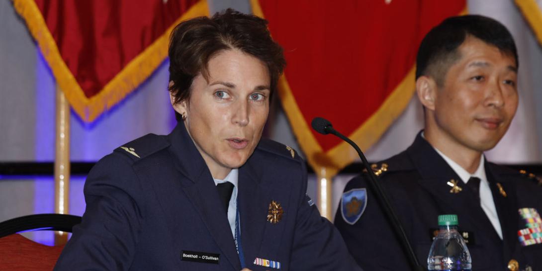 Air Commodore Elanor Boekholt-O’Sullivan, Royal Netherlands Air Force, speaks about the cyber work force during a panel at AFCEA TechNet Augusta. Photo by Michael Carpenter