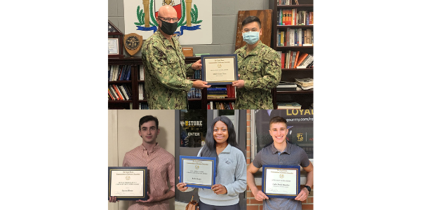 Top: Midshipman Sean Chen (r), Miami University, accepts his AFCEA ROTC Scholarship from Capt. Todd Bahlau, USN, commanding officer, Miami University NROTC. Bottom, l-r: AFCEA scholarship winners Gavin Bloom, Boston College, Undergraduate Cyber Security Scholarship; Kaila Hodge, Towson University, Undergraduate STEM Major Scholarship; and Cadet Justin Hineline, University of Wisconsin–Madison, AFCEA ROTC Scholarship, receive their awards.