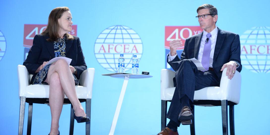 Gen. Joseph Votel, USA (Ret.), former SOCOM and CENTCOM commander, discusses the challenges facing the intelligence community with Michele Flournoy, co-founder of WestExec Advisors, at the Intelligence & National Security Summitt 2019. Credit: Herman Farrer Photography