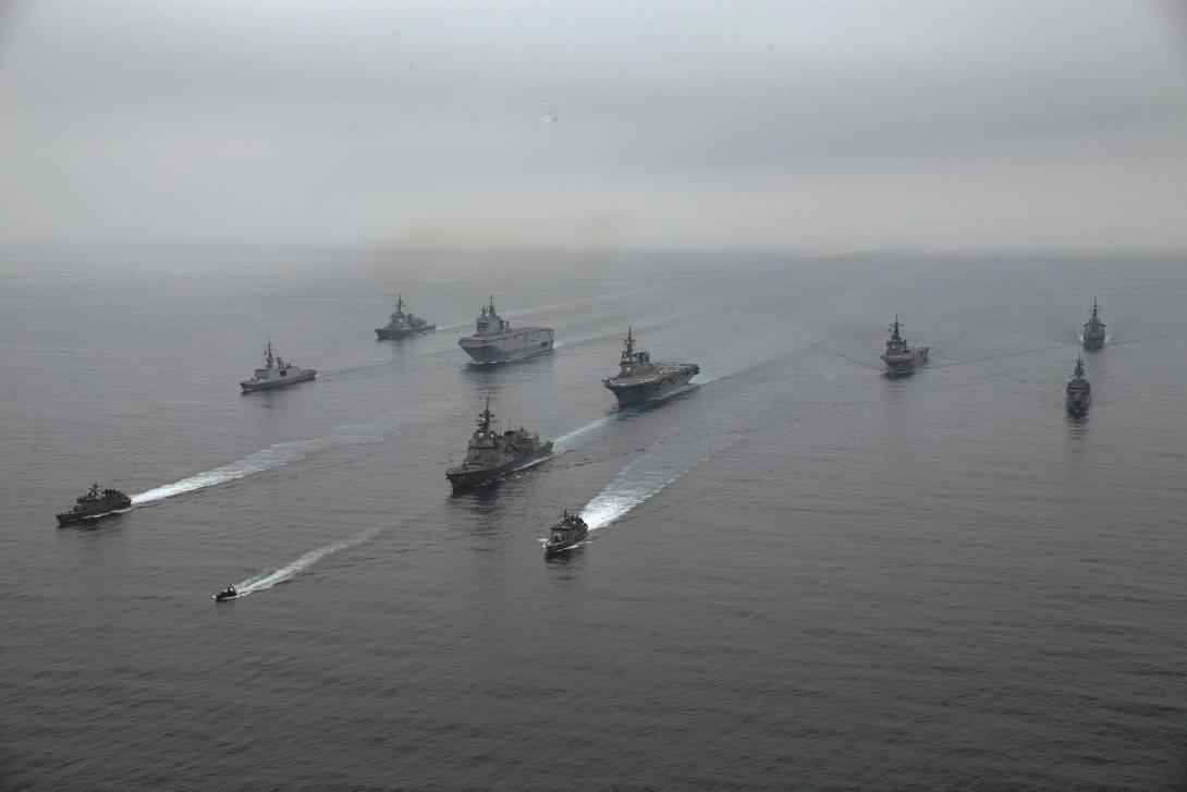 The Royal Australian navy frigate HMAS Parramatta, the French navy amphibious assault helicopter carrier FS Tonnerre, and the Japan Maritime Self-Defense Force landing ship JS Osumi, join the amphibious transport dock ship USS New Orleans during Exercise Jeanne D’ARC off the coast of Kagoshima, Japan, in 2021. The Indo-Pacific Command is taking a more data-centric approach to commanding and controlling its forces in the region. Credit: Marine Corps Lance Cpl. Justin J. Marty