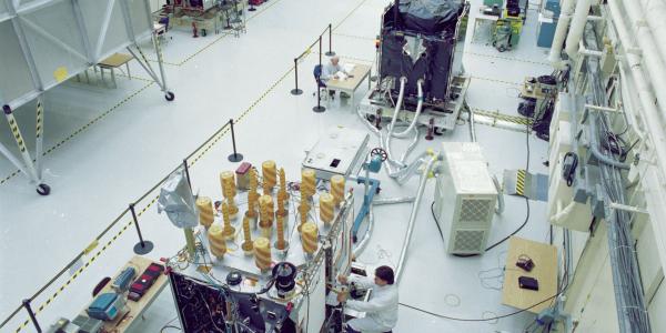 Lockheed Martin engineers work on the GPS IIR satellites for the U.S. Air Force. Lockheed Martin designed and built 21 GPS IIR satellites and subsequently modernized eight of those spacecraft, designated GPS IIR-M, to enhance operations and navigation signal performance.   Courtesy Lockheed Martin