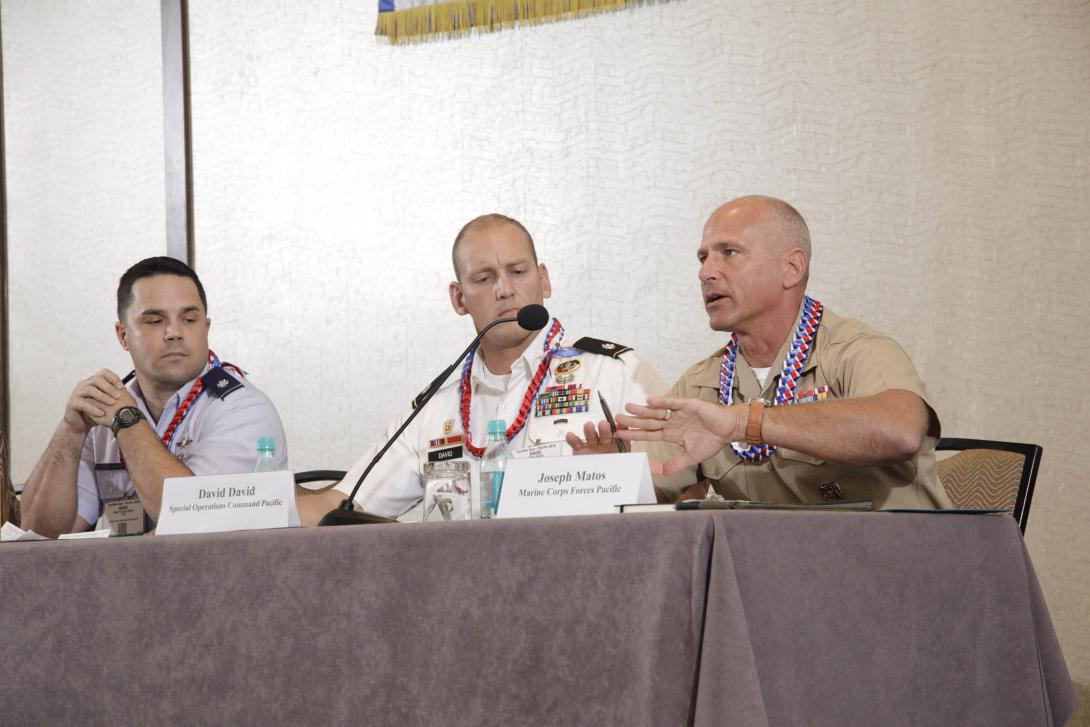 Col. Joseph Matos, USMC, Marine Corps Forces, Pacific (r) discusses the challenges of cyber during a panel at AFCEA TechNet Asia-Pacific. Photo by Bob Goodwin