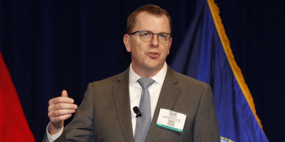 Aaron Weis, Department of the Navy chief information officer, addresses WEST 2020. Photo by Michael Carpenter
