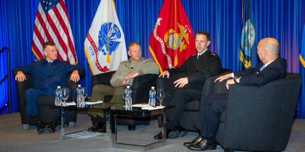 The heads of the three U.S. sea services (from l)—Adm. Paul F. Zukunft, USCG, Gen. Robert B. Neller, USMC, and Adm. John M. Richardson, USN—discuss the challenges they face in a town hall session moderated by Adm. James G. Stavridis, USN (Ret.), at West 2018.  Michael Carpenter