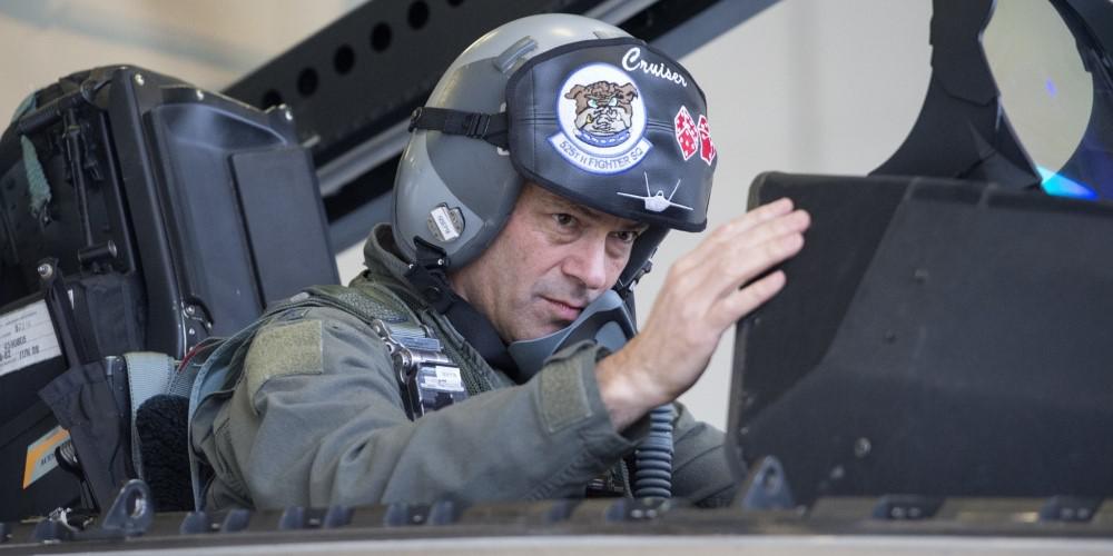 Air Force Lt. Gen. Ken Wilsbach performs preflight procedures in his F-22 Raptor before his final flight as commander of the Alaskan Command, Alaskan North American Aerospace Defense Region and Eleventh Air Force, at Joint Base Elmendorf-Richardson, Alaska, in August 2018. Gen. Wilsbach takes the helm as commander of the Pacific Air Forces, succeeding Gen. Charles Brown, who is moving to be the next chief of the Air Force. Credit: U.S. Air Force photo by Alejandro Peña