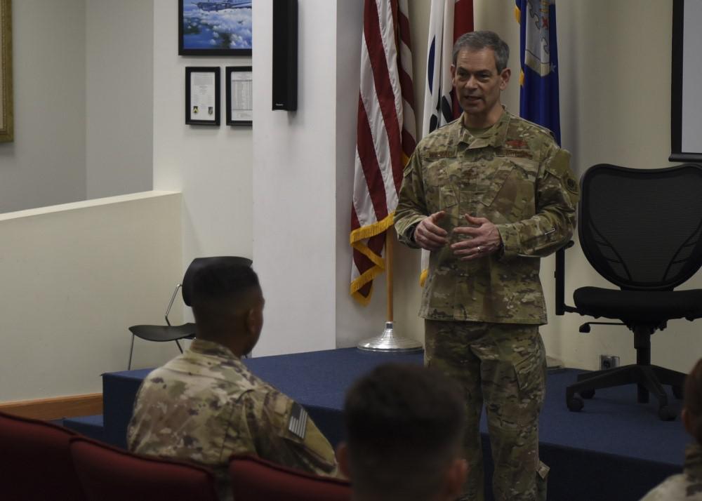 Lt. Gen. Ken Wilsbach, USAF, commander of 7th Air Force, speaks with U.S. Army Soldiers during a base visit at Kunsan Air Base, Republic of Korea in May. Gen. Wilsbach, who is awaiting U.S. Senate confirmation and his fourth star, will be taking over as the commander of Pacific Air Forces. Credit: U.S. Air Force photo by Staff Sgt. Anthony Hetlage
