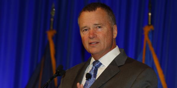 Adm. James “Sandy” Winnefeld, USN (Ret.), the former vice chairman of the Joint Chiefs of Staff, talks about disruptive technologies during a keynote address at West 2017 in San Diego. Photo by Mike Carpenter