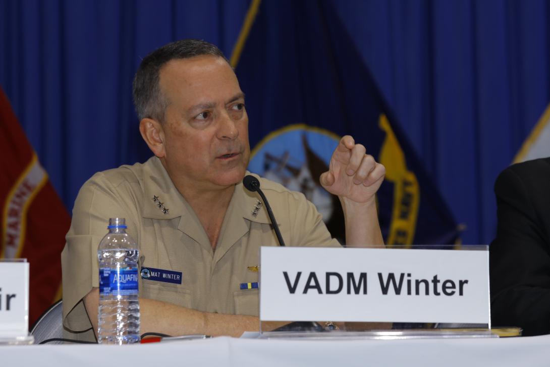 Vice Adm. Mathias Winter, USN, Joint Strike Fighter program director, speaks on a panel at West 2019. Photo by Michael Carpenter