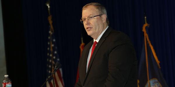 Deputy Secretary of Defense Robert O. Work describes the difficulties facing the U.S. military to the audience at West 2015 in San Diego.