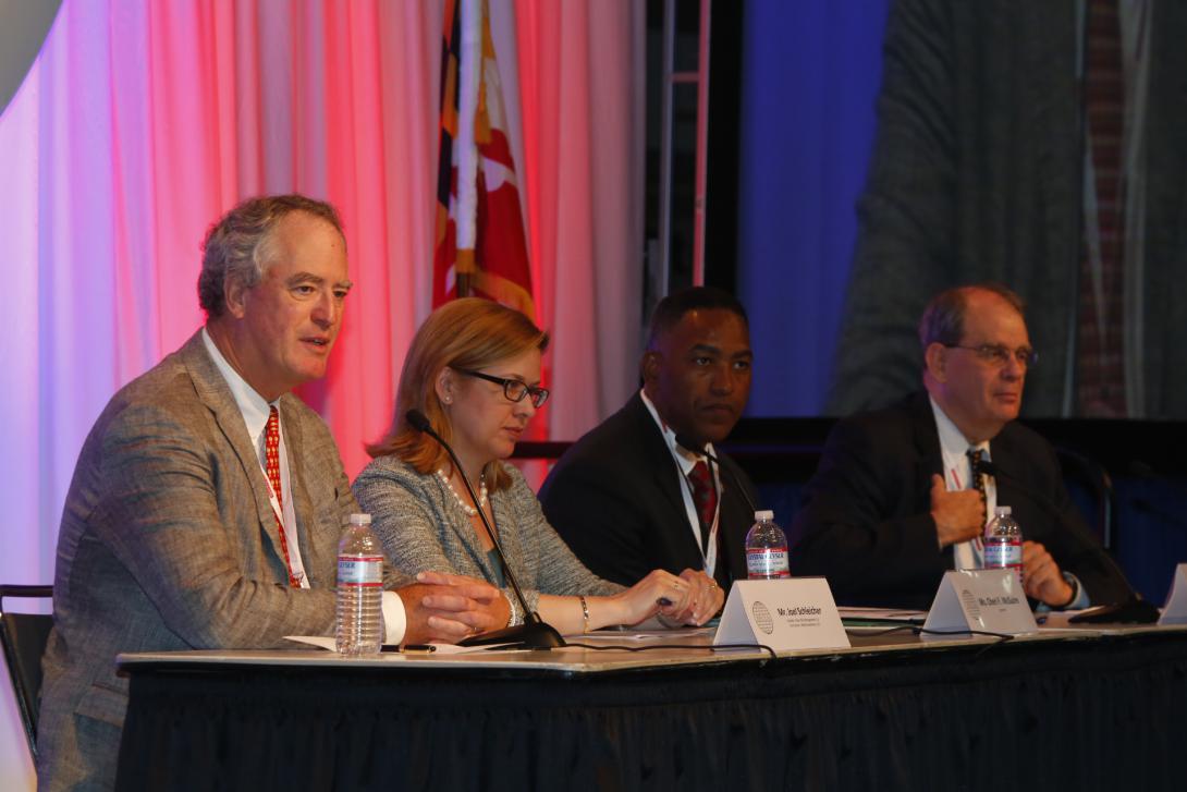 Panelists discussing industry involvement in cybersecurity are (l-r) Joel Schleicher, founder, Cyber Security Services LLC; Cheri F. McGuire, VP, global government affairs and cybersecurity policy, Symantec; Michael Echols, chief, communications and information technology sector, DHS; and moderator Al Berkeley, chairman, Princeton Capital Management.