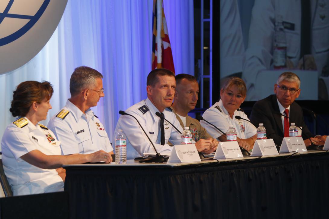 (l-r) Vice Adm. Jan E. Tighe, USN, U.S. Fleet Cyber Command; Rear Adm. Marshall B. Lytle III, USCG, Coast Guard Cyber; Brig. Gen. Robert J. Skinner, USAF, Air Forces Cyber; Col. Dewey Jordan, USMC, Marine Forces Cyber Command; Col. Jennifer G. Buckner, USA, U.S. Army Cyber Command; and panel moderator Lt. Gen. Rhett Hernandez, USA (Ret.), West Point Cyber Research Center.