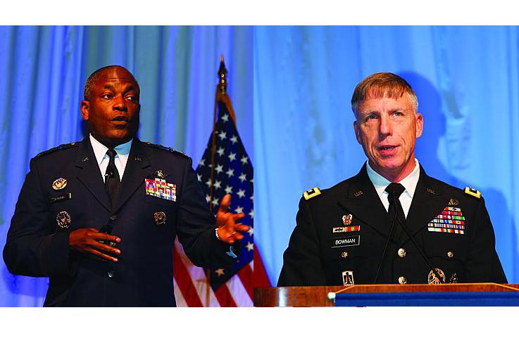 Lt. Gen. Ronnie D. Hawkins Jr., USAF (l), director, Defense Information Systems Agency, and Lt. Gen. Mark S. Bowman, J-6, The Joint Staff, offer presentations at the JIE Mission Partner Symposium.