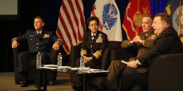 (r-l) Vice Adm. Peter H. Daly, USN (Ret.), chief executive officer of USNI, moderates a panel featuring Gen. Joseph F. Dunford Jr., USMC, commandant of the Marine Corps; Adm. Michelle J. Howard, USN, vice chief of naval operations; and Adm. Paul F. Zukunft, USCG, commandant of the Coast Guard.