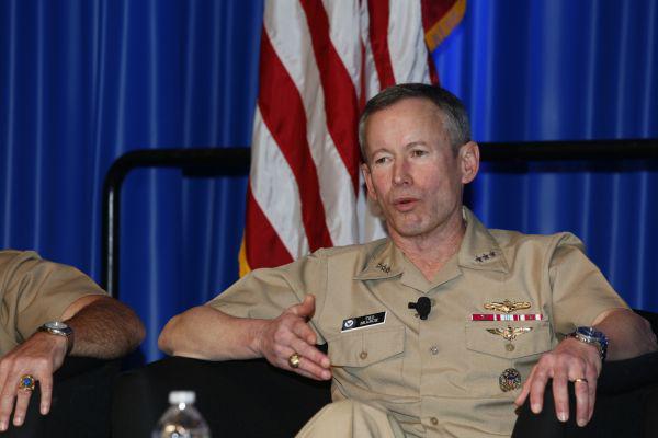 Adm. Ted Branch, USN, the deputy chief of naval operations for information dominance and intelligence, discusses cyberspace issues during a keynote panel on the second day of West 2014.