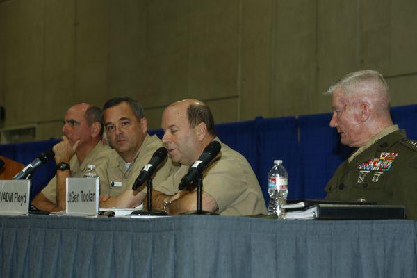(r-l) Lt. Gen. John Toolan, USMC, commanding general, I Marine Expeditionary Force; Vice Adm. Kenneth E. Floyd, USN, commander, Third Fleet; Vice Adm. Thomas H. Copeman III, USN, commander, Naval Surface Forces; and Vice Adm. David H. Buss, USN, commander, Naval Air Forces, discuss naval strategy.