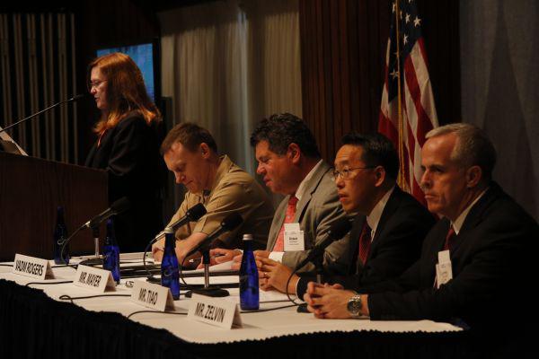 (l-r) Rear Adm. Betsy Hight, USN (Ret.) moderates a panel comprising Vice Adm. Michael Rogers, USN, U.S. Fleet Cyber Command; Robert Mayer of the U.S. Telecom Association; Paul Tiao of the law firm Hunton and Williams; and Larry Zelvin of the Department of Homeland Security 