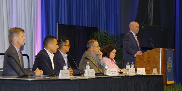 Panelists, moderated by Stephen Wallace, chief technology director, Development and Business Center, DISA (far r), discuss innovation at the AFCEA Defensive Cyber Operations Symposium.