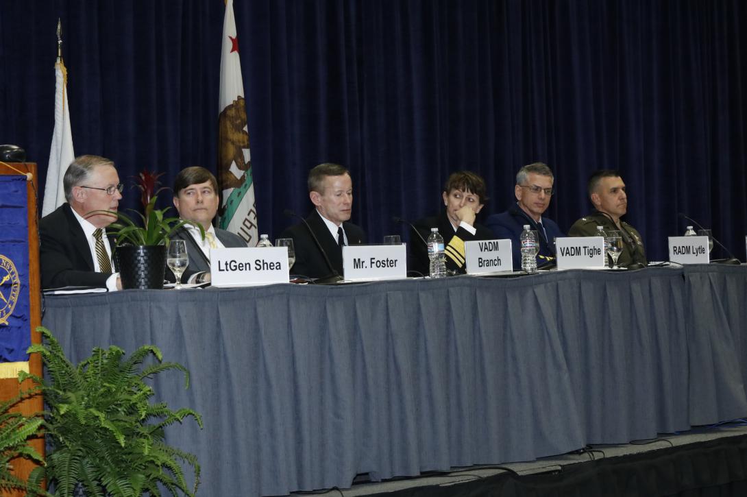 Panelists discussing information warfare and cybersecurity are (l-r) moderator Lt. Gen. Robert Shea, USMC (Ret.), AFCEA CEO; Rob Foster, Navy CIO; Vice Adm. Ted N. Branch, USN, N-2/N-6; Vice Adm. Jan E. Tighe, USN, U.S. Fleet Cyber Command; Rear Adm. Marshall B. Lytle III, USCG, U.S. Coast Guard Cyber Command; and Brig. Gen. Dennis A. Crall, USMC, director, C4 and CIO.