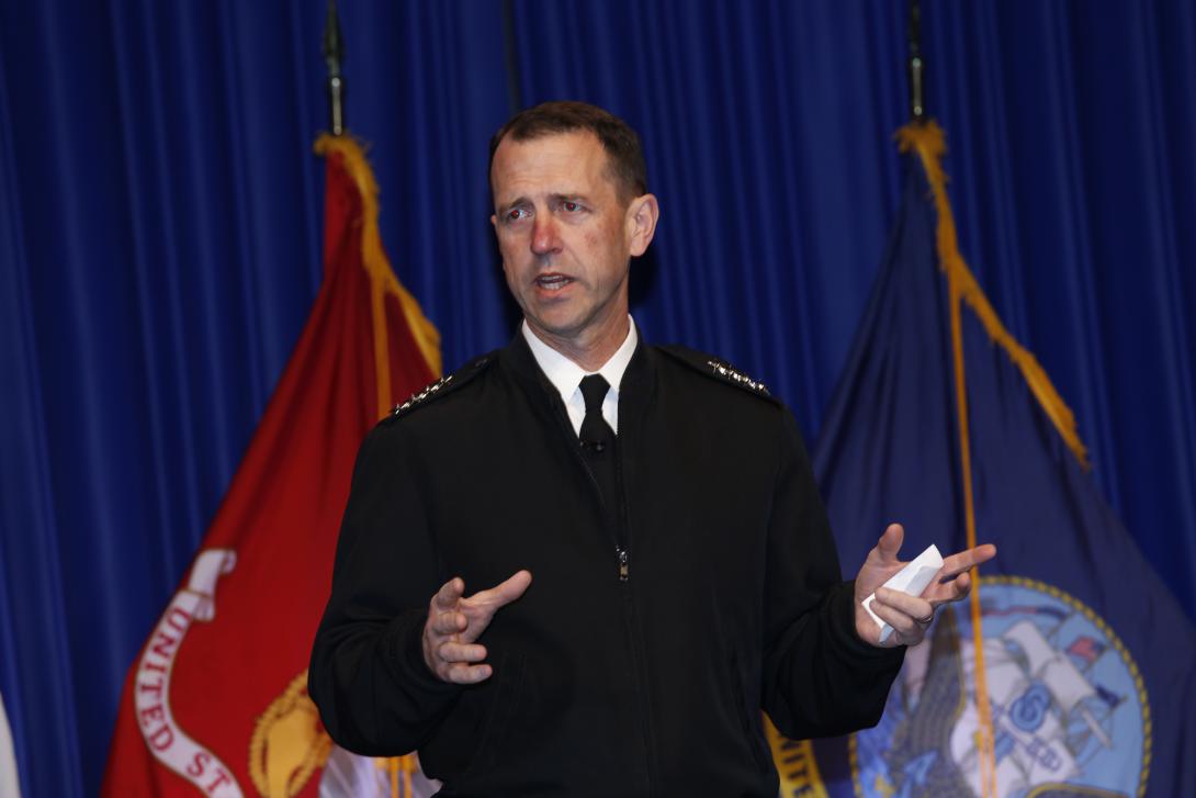 Adm. John M. Richardson, USN, chief of naval operations (CNO), speaks about the Navy and cyber at West 2016 in San Diego.