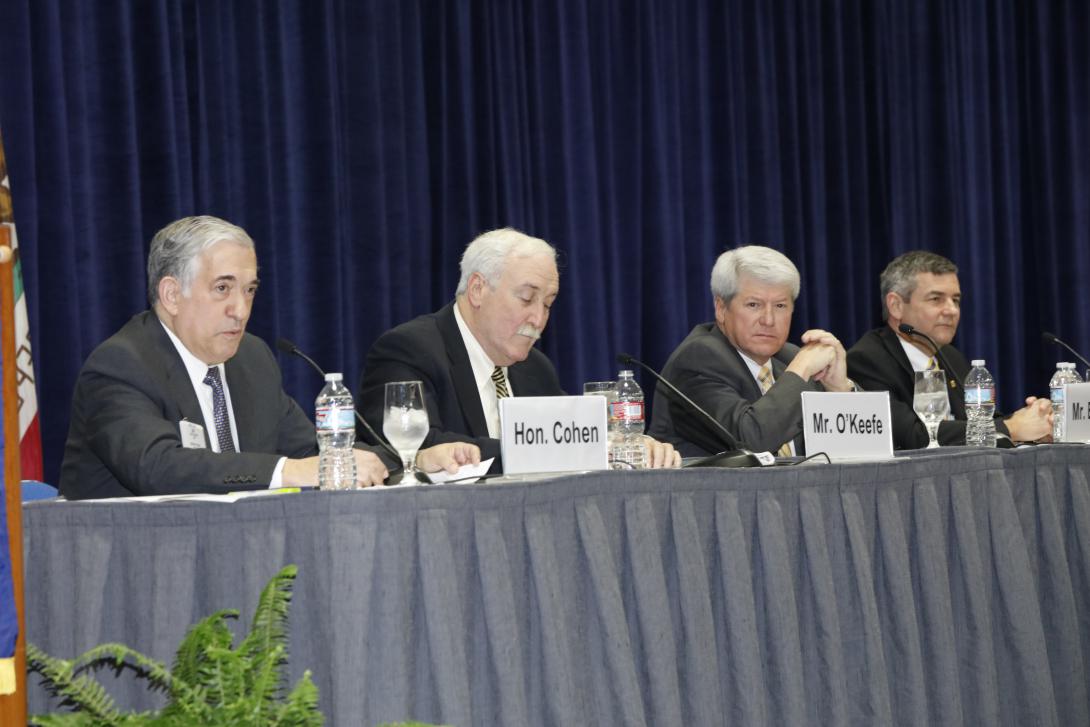 Panelists discussing defense innovation are (l-r) moderator Jay Cohen, The Chertoff Group; Sean O’Keefe, former secretary of the Navy; Dale Bennett, Lockheed Martin Corporation; and Mike Petters, Huntington Ingalls Industries.