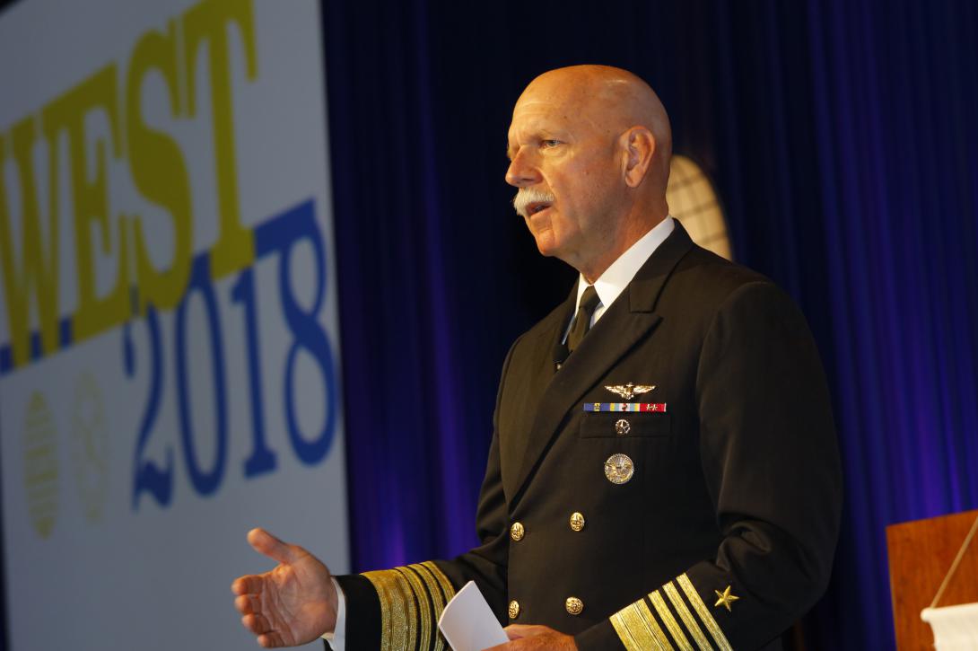 Adm. Scott H. Swift, USN, commander of the U.S. Pacific Fleet, discusses the broad challenge posed by China during his keynote luncheon address.