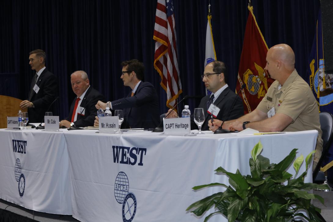 Exploring the exotic world of hyperwar are (r-l) Capt. Sean Heritage, USN, Navy and IT portfolio lead, Defense Innovation Unit Experimental (DIUx); Amir Husain, founder and CEO, SparkCognition Inc; August Cole, senior fellow, Avascent/Atlantic Council; and panel moderator Capt. David Adams, USN (Ret.), program manager, Western Pacific Oceaneering.