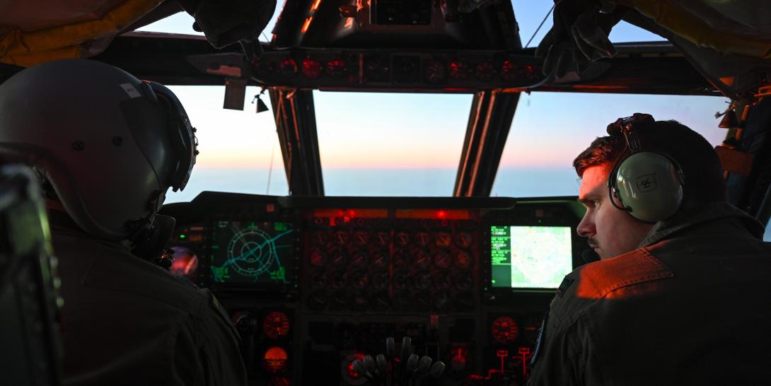 Lt. Col. Ryan Loucks, USAF, and Capt. Corbin Boodee, USAF, assigned to the 68th Expeditionary Bomb Squadron, RAF Fairford, England, fly a B-52H back to base following an integration mission with NATO allies. Credit: USAF Tech Sgt. Corban Lundborg