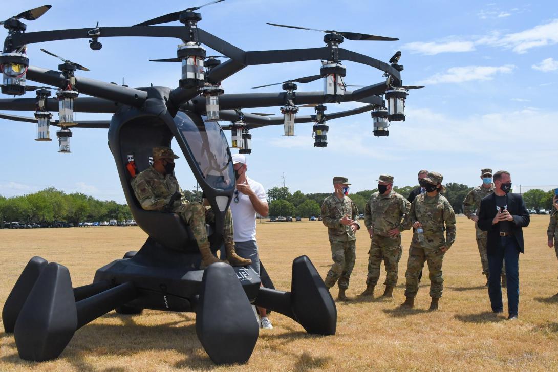 Air Force Chief of Staff Charles Q. Brown Jr., takes a turn in a LIFT Aircraft Hexa aircraft during a demonstration by Agility Prime, at Camp Mabry, Texas, on August 20. Credit: Air National Guard photo by Staff. Sgt. Sean Kornegay